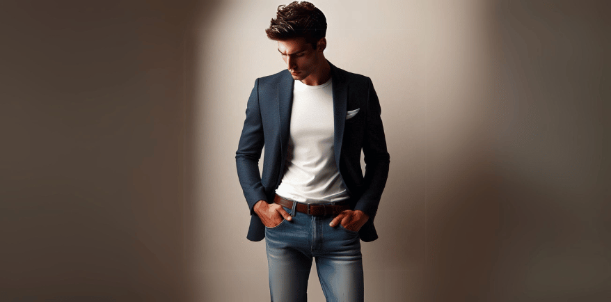 Hafta Sonu Şıklığı: Stilinizi Yansıtan Kombinlerle Dolu Dolu Bir Gün blog yazısı için hazırlanmış görsel. Bir erkek slim-fit pantolonu, sade tişörtü ve koyu lacivert blazer ceketiyle poz veriyor.