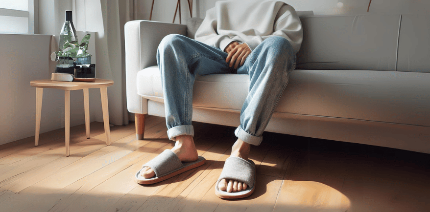 Hafta Sonu Şıklığı: Stilinizi Yansıtan Kombinlerle Dolu Dolu Bir Gün blog yazısı için hazırlanmış görsel. Bir erkek rahat kot pantolonu, sweatshirtü, ve ev terlikleriyle poz veriyor.