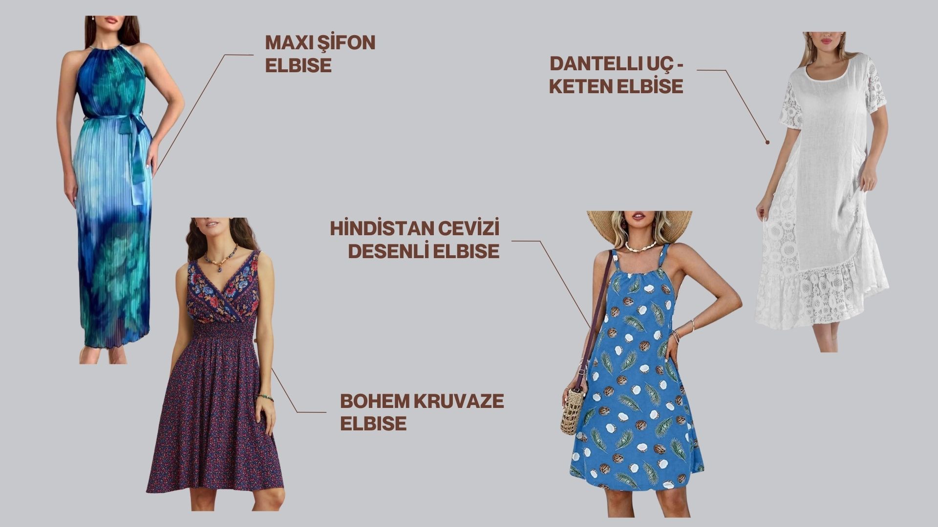 Bohem düğün için stil önerileri blog yazısı için hazırlanmış görsel. Stil danışmanlığı sürecinde araştırılmış Bohem kruvaze elbise, hindistan cevizi desenli elbise, dantel uçlu beyaz elbise ve maxi şifon elbise yan yana duruyor.