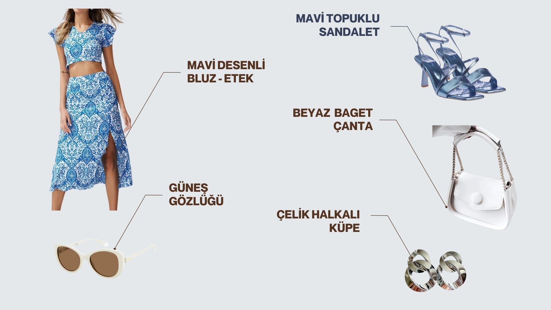 Yazlık Smart Casual Kombin | Sıcak Günler İçin Şıklık blog yazısı için hazırlanmış görsel. Stil danışmanlığı sürecinde araştırılmış mavi desenli bluz etek, mavi topuklu sandalet, beyaz baget çanta, çelik halkalı küpe ve güneş gözlüğü yan yana duruyor.