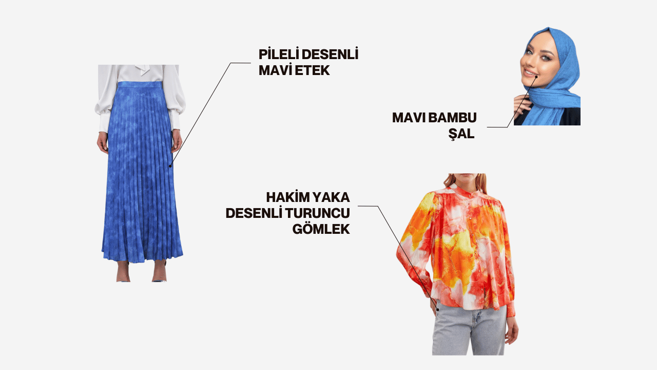 Esra Hanım için işinde ve günlük hayatında giyebileceği kombin önerisi. Stil danışmanı nazlıcan polatın yaptığı kombindeki pileli desenli mavi etek,  hakim yaka desenli turuncu gömlek ve mavi bambu şal yan yana duruyor.