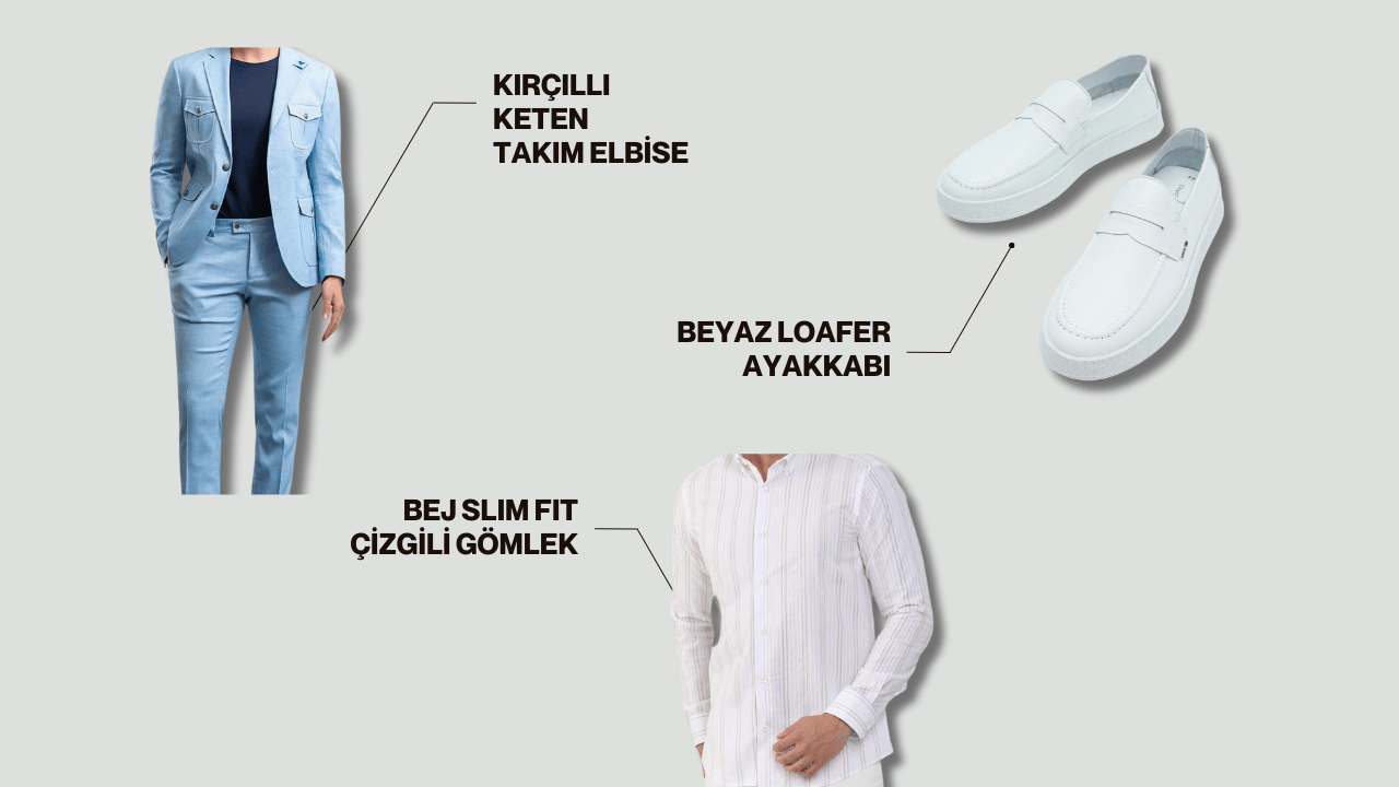 Görkem Bey için iş toplantısında giyebileceği kombin önerisi. Erkek kombinini oluşturan kırçıllı keten takım elbise, beyaz loafer ayakkabı ve bej slim fit çizgili gömlek yan yana gözüküyor.