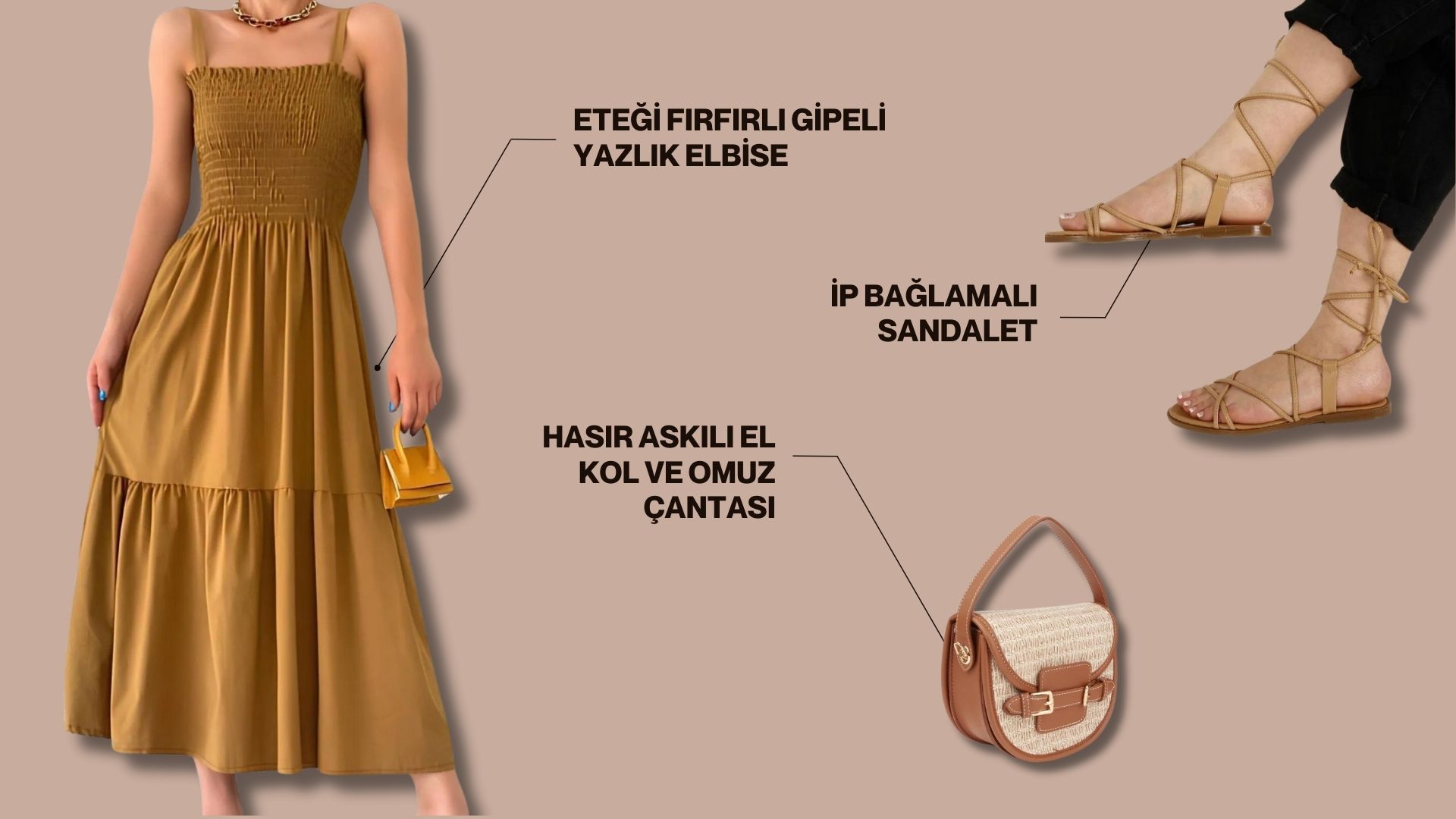 Stil danışmanı Nazlıcan Polat’ın Handan Hanım için yaptığı kombindeki eteği fırfırlı gipeli yazlık elbise, ip bağlamalı sandalet, hasır askılı el kol ve omuz çantası yan yana görünüyor.