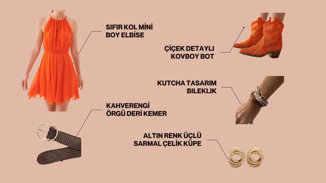 Merve Hanım için iş yemeğinde giyebileceği kombin önerisi. Stil danışmanı Nazlıcan Polat’ın Merve Hanım için yaptığı kombindeki sıfır kol mini boy elbise, çiçek detaylı kovboy bot, kahverengi örgü deri kemer, kutcha tasarım bileklik ve altın renk üçlü sarmal çelik küpe yan yana duruyor.