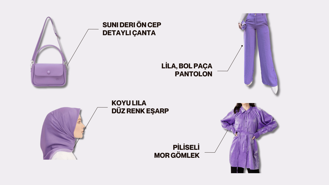 Meryem Hanım için modest giyimde şıklığı ve zarafeti yansıtan aksesuarlar. Stil danışmanı Nazlıcan Polat’ı Meryem Hanım için yaptığı kombindeki piliseli mor gömlek, lila, bol paça pantolon, koyu lila düz renk eşarp, suni deri ön cep detaylı çanta yan yana duruyor.