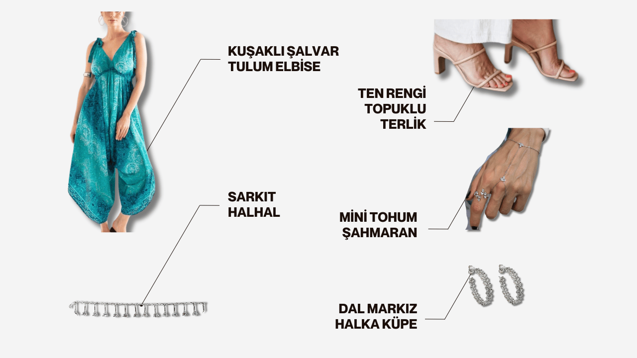 Selin hanım için yapılan galeri açılışı kombinini oluşturan kuşaklı şalvar tulum elbise, ten rengi topuklu terlik, sarkıt halhal, mini tohum şahmaran, dal markiz halka küpe yan yana görülüyor.