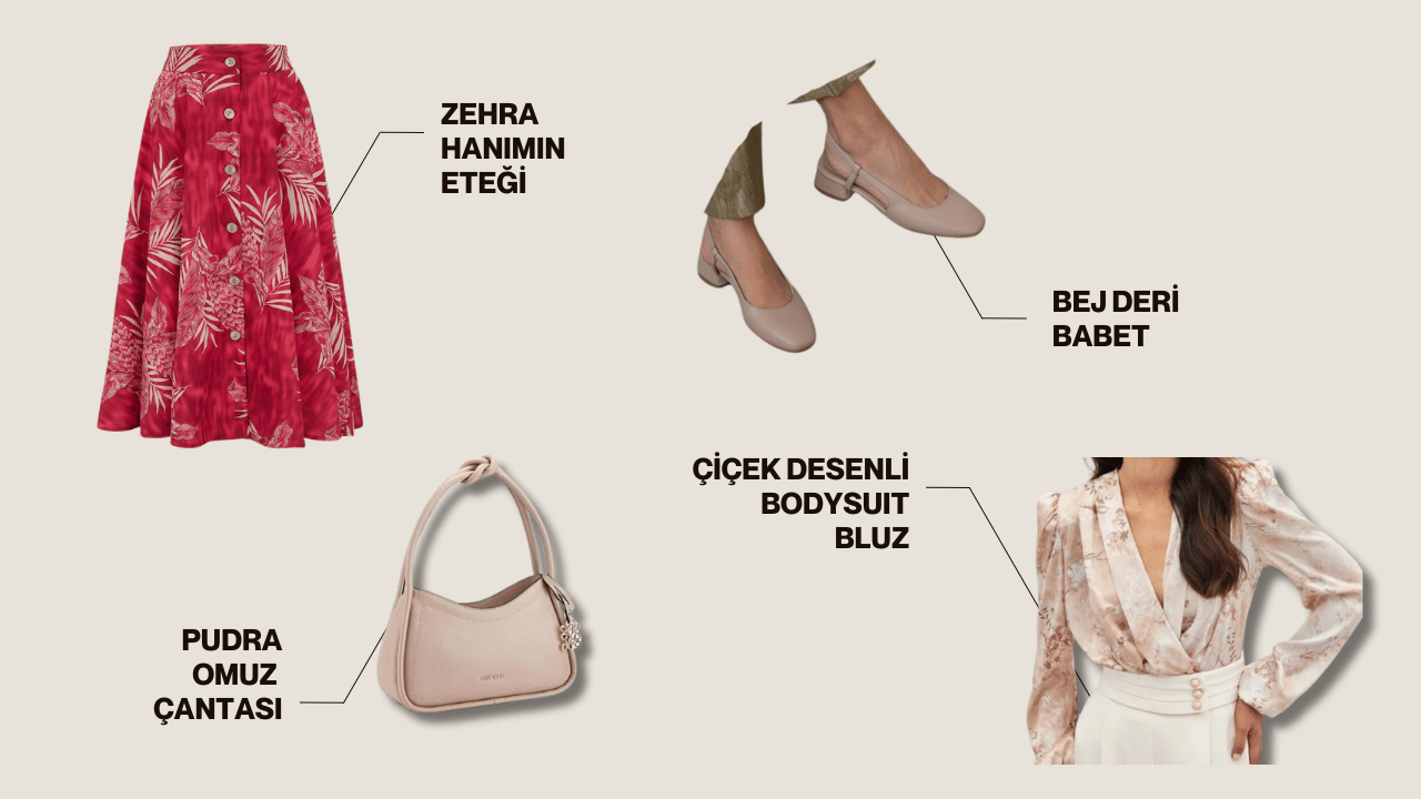 Zehra Hanım için tekstil fuarında giymesi için önerilen kombin. Stil danışmanı Nazlıcan Polat'ın yaptığı kombindeki bej deri babet, çiçek desenli bodysuit bluz, pudra omuz çantası ve zehra hanımın kırmızı eteği yan yana duruyor.