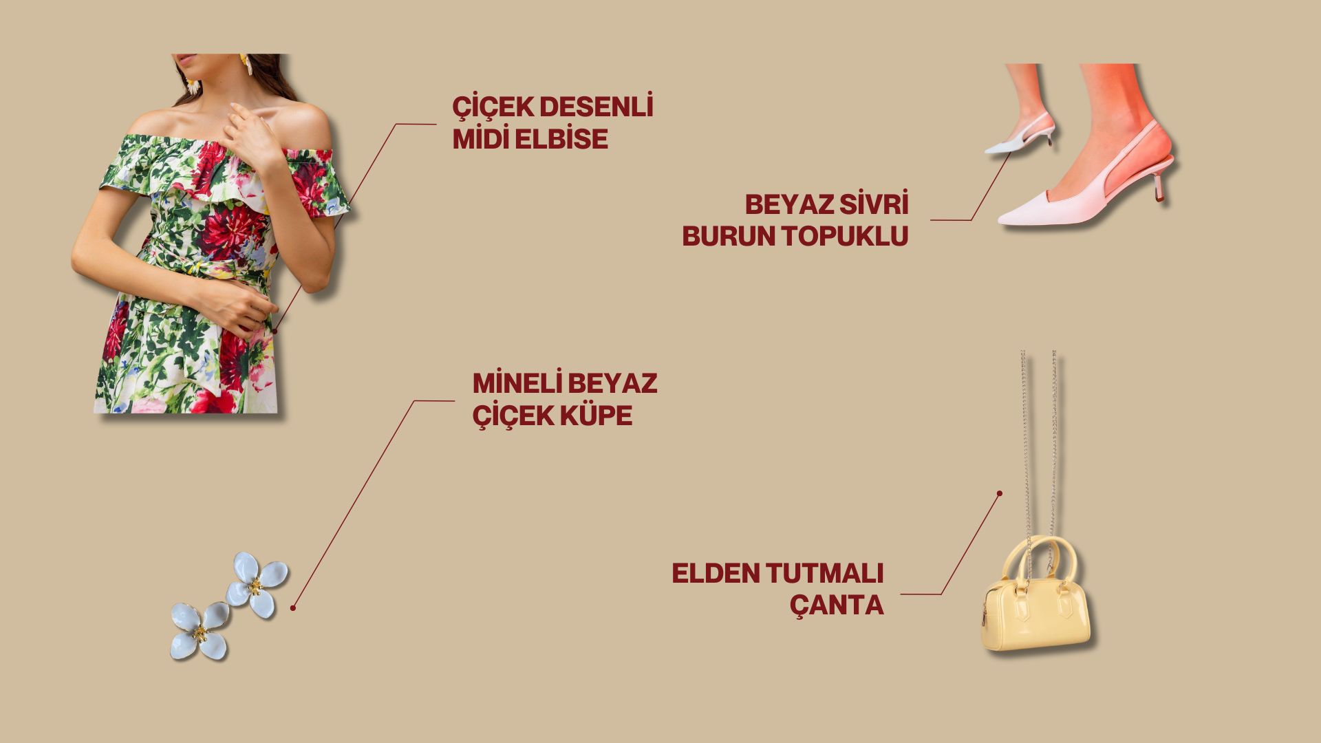 Stil danışmanı Nazlıcan Polat’ın Danışanı Nuran Hanım’a yaptığı kombindeki çiçek desenli midi elbise, elden tutmalı çanta, beyaz sivri burun topuklu, mineli beyaz çiçek küpe yan yana görülüyor.