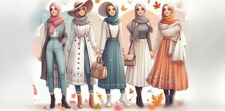Tesettür giyimde mevsimlere uygun seçimler kapak resmi. 5 çizgi karatker farklı stil de modest giyimi temsil eden kombinler giyiyor.
